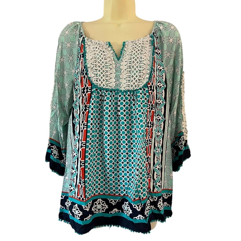 CROWN & IVY Turquoise Coral Geometric Lace Bib Boho Blouse, Size Small
